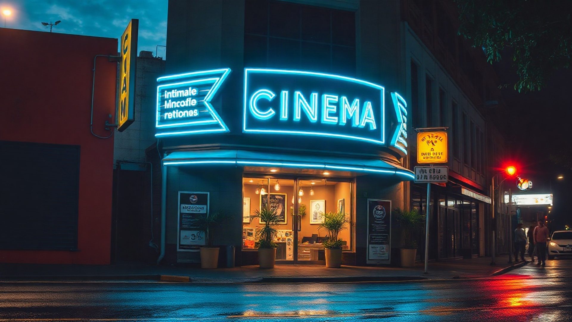 Fachada do Cinemameadowx ao anoitecer