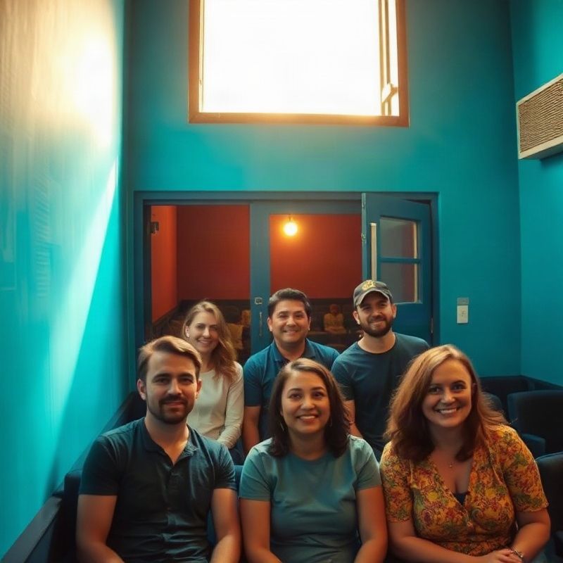 Equipe do Cinemameadowx reunida próxima à cabine de projeção, com luz natural entrando pela janela