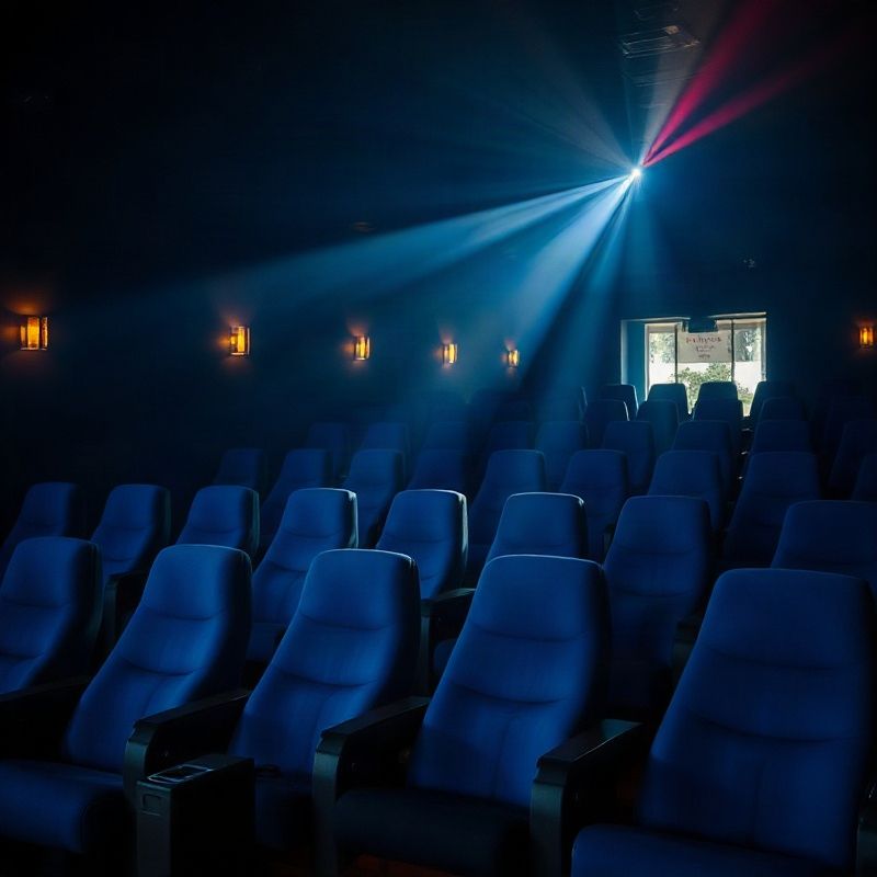 Interior da sala do Cinemameadowx com poltronas de veludo azul-cobalto e feixe do projetor 4K