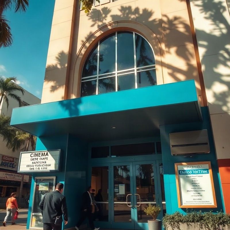 Entrada do Cinemameadowx em uma manhã ensolarada em São Paulo, com o toldo azul e a bilheteria